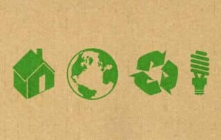 Illustration of home, earth, recycling symbol and eco friendly lightbulb.