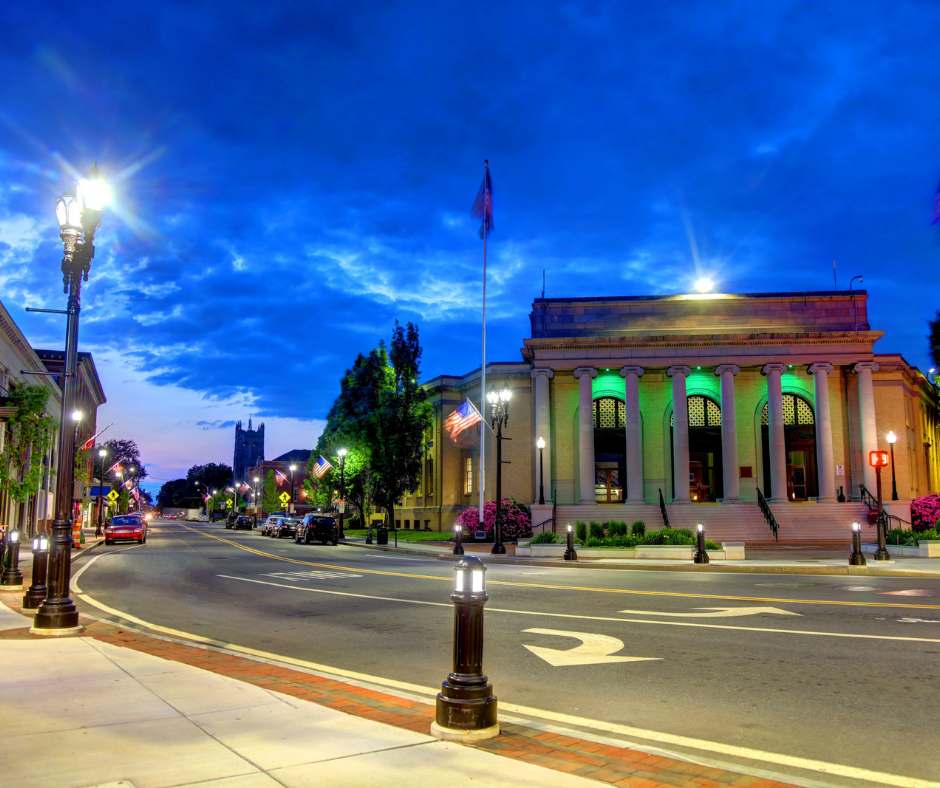 City street at night in Framingham, MA.