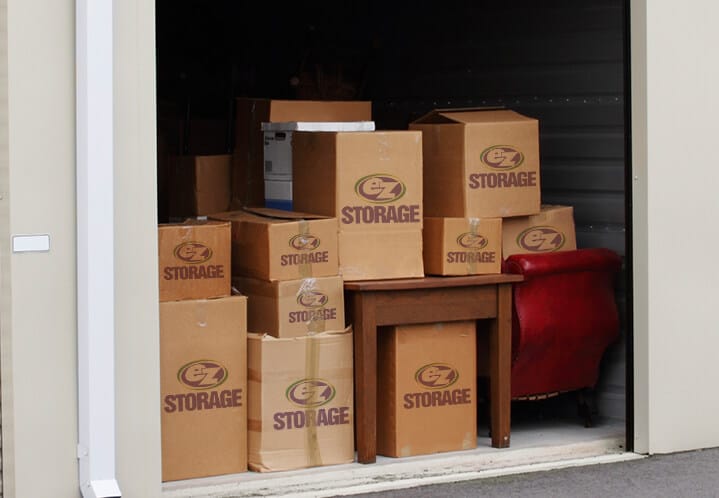 A storage unit with boxes in it