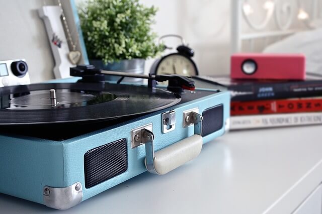 Blue vintage record player.
