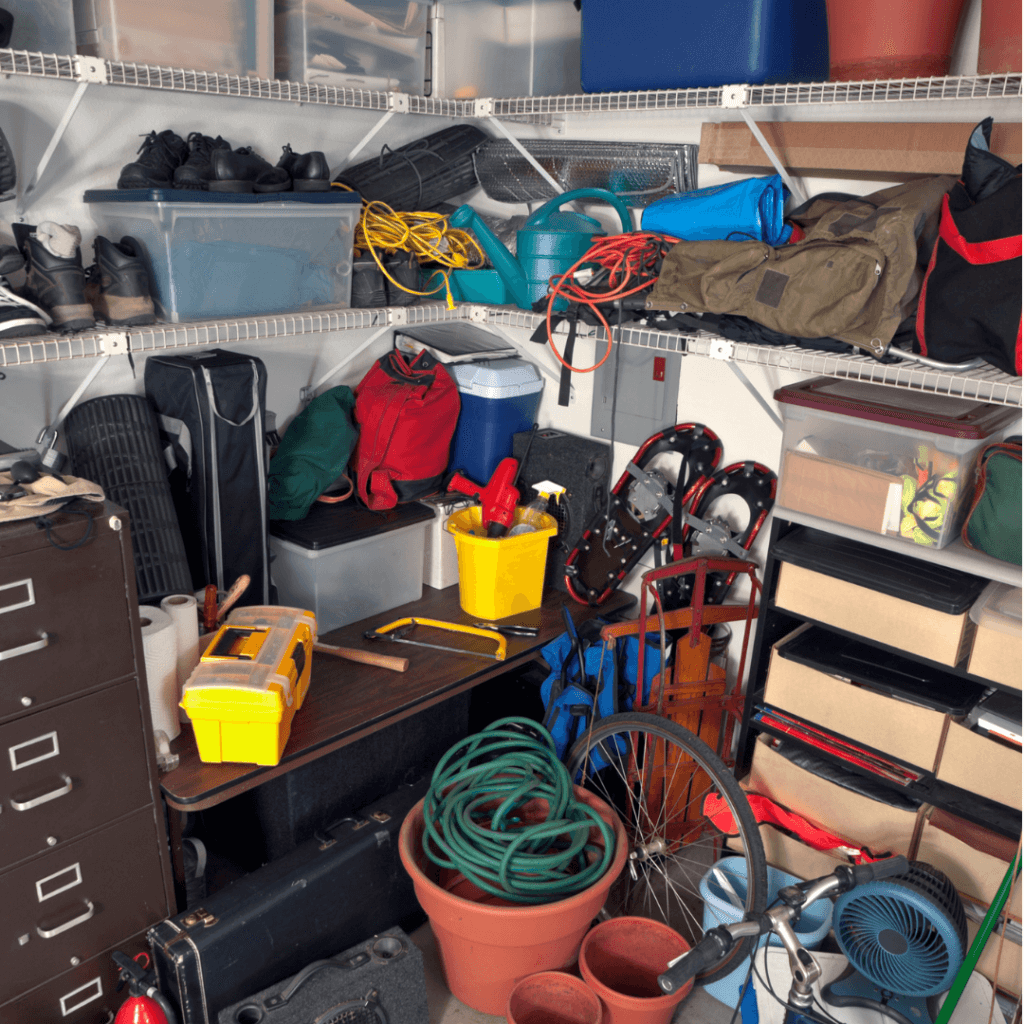 Clutter in a messy garage