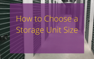 Text "How to Choose a Storage Unit Size" with a storage facility hallway in the background.