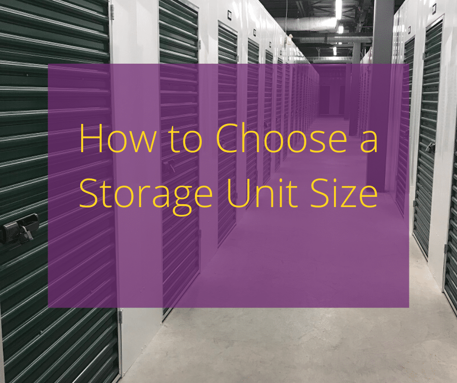Text "How to Choose a Storage Unit Size" with a storage facility hallway in the background.