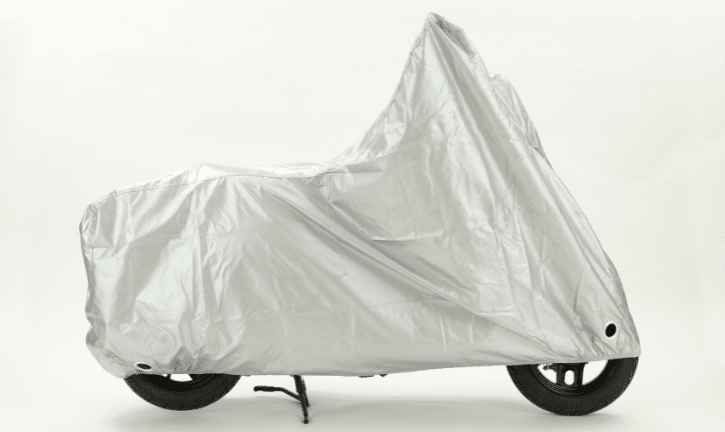 Motorcycle covered while in storage.