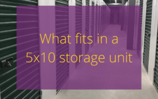 Text "what fits in a 5x10 storage units' with storage facility hallways in background.