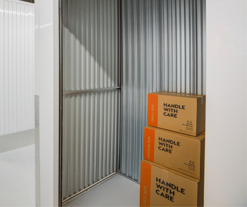 Boxes fit into a 5 x 5 storage unit.