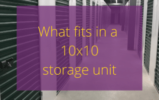 Text "what fits in a 10x10 storage unit" with a self storage hallways in the background.