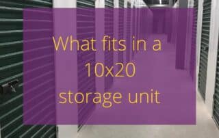 Text 'what fits in a 10x20 storage unit' with storage facility hallway in the background.