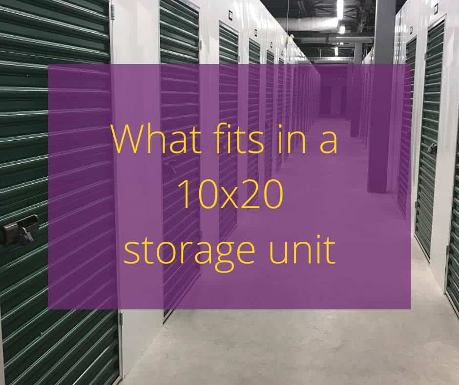 Text 'what fits in a 10x20 storage unit' with storage facility hallway in the background.