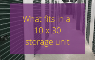 Text 'what fits in a 10x30 storage unit' with storage facility hallway in the background.