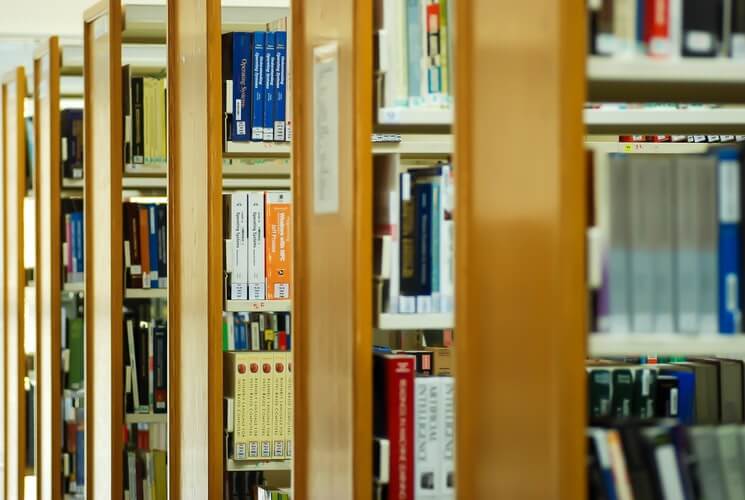 view of bookshelves at a library