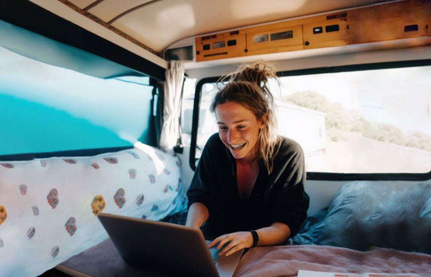 Woman working on her laptop while traveling on the road.