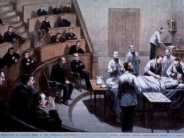 Illustration of people sitting in a theatre wacthing doctors operate on a patient.