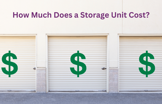 photo of three storage units with green dollar signs and the text 'how much does a storage unit cost?' at the top