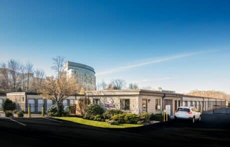 group of buildings, including a high rise and a self storage facility.